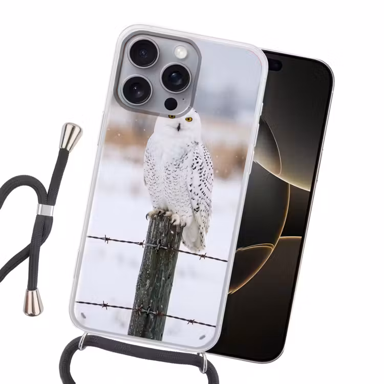 Sneeuwuil - Hek - Sneeuw - Wit Hoesje iPhone 16 Pro Max met koord klein -sfeer1
