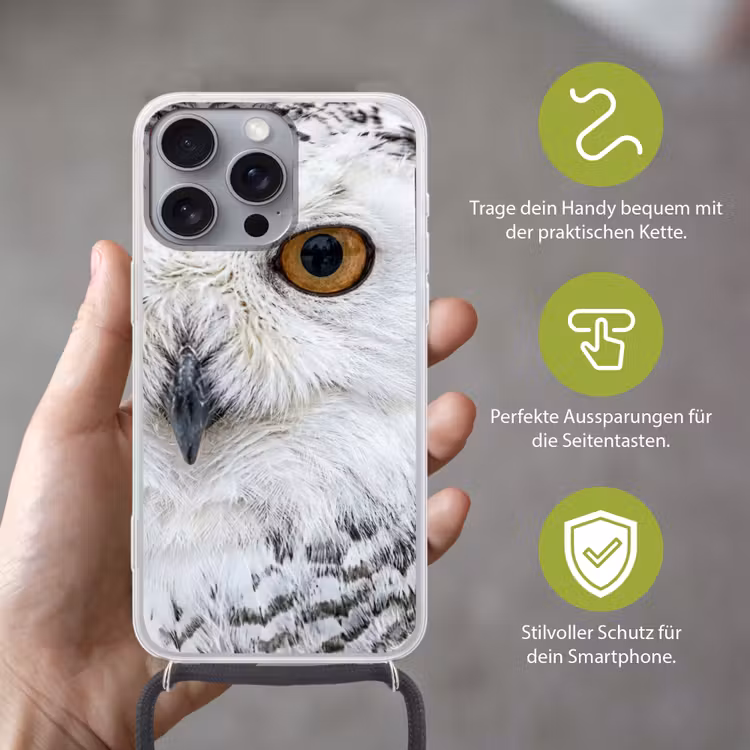 Sneeuwuil - Oog - Wildlife - Wit Hoesje iPhone 16 Pro Max met koord klein -sfeer2_DE