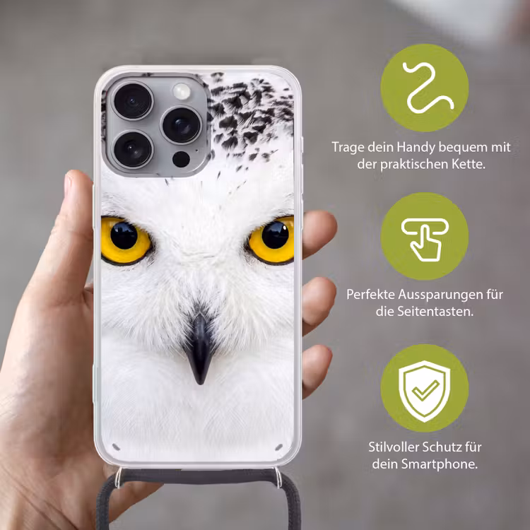 Sneeuwuil - Portret - Geel Hoesje iPhone 16 Pro Max met koord klein -sfeer2_DE