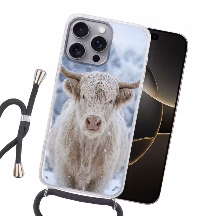 Schotse Hooglander - Sneeuw - Bergen - Winter Hoesje iPhone 16 Pro Max met koord klein -sfeer1