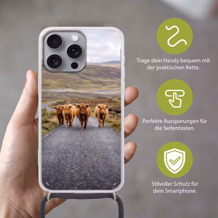 Schotse Hooglanders - Weg - Landschap - Kudde Hoesje iPhone 16 Pro Max met koord klein -sfeer2_DE
