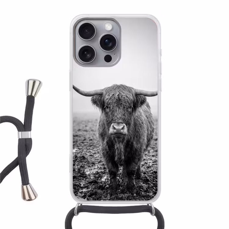 Schotse hooglander - Zwart - Wit - Gras Hoesje iPhone 16 Pro Max met koord klein -3d