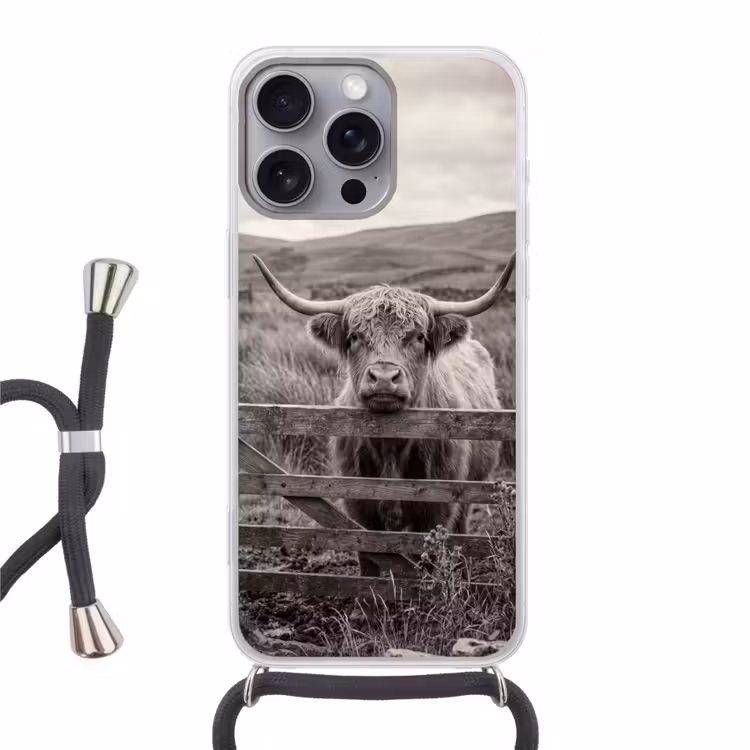 Schotse hooglander - Zwart - Wit - Hout Hoesje iPhone 16 Pro Max met koord klein -3d