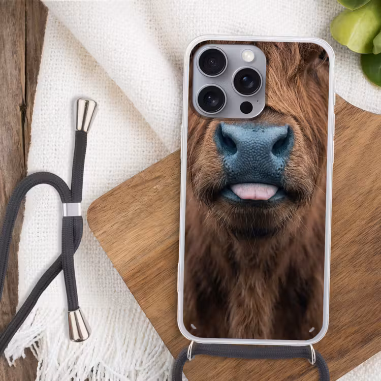 Schotse hooglander - Neus - Bruin Hoesje iPhone 16 Pro Max met koord klein -sfeer4