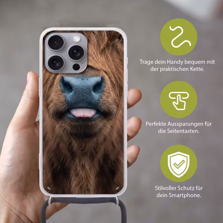 Schotse hooglander - Neus - Bruin Hoesje iPhone 16 Pro Max met koord klein -sfeer2_DE