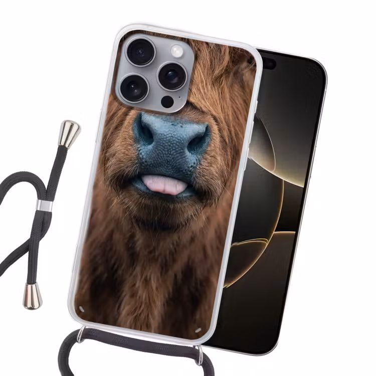 Schotse hooglander - Neus - Bruin Hoesje iPhone 16 Pro Max met koord klein -sfeer1