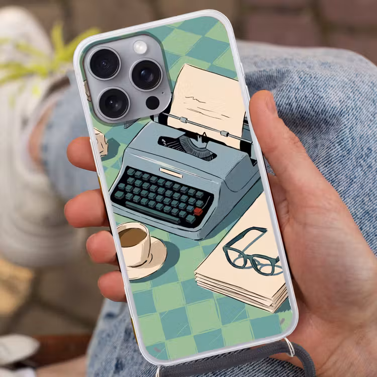 Typemachine - Kantoor - Vintage - Illustratie - Groen Hoesje iPhone 16 Pro Max met koord klein -sfeer3