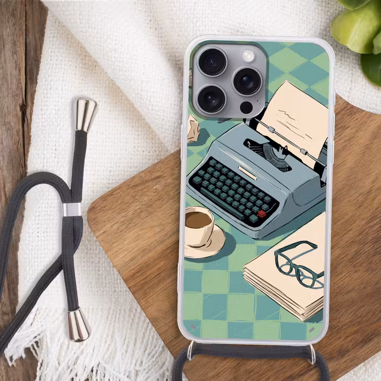 Typemachine - Kantoor - Vintage - Illustratie - Groen Hoesje iPhone 16 Pro Max met koord klein -sfeer4