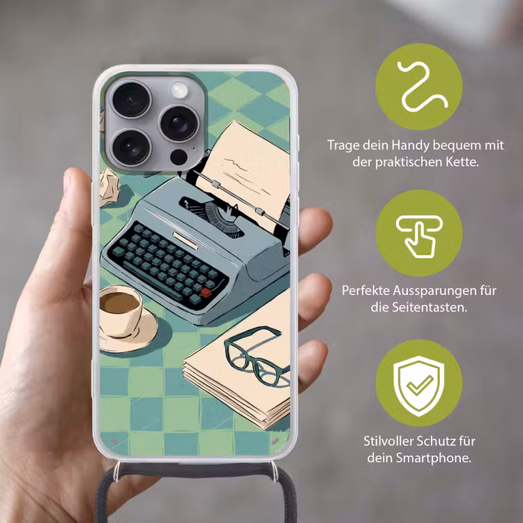 Typemachine - Kantoor - Vintage - Illustratie - Groen Hoesje iPhone 16 Pro Max met koord klein -sfeer2_DE
