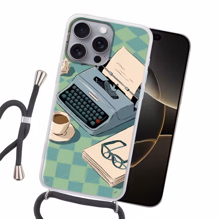 Typemachine - Kantoor - Vintage - Illustratie - Groen Hoesje iPhone 16 Pro Max met koord klein -sfeer1