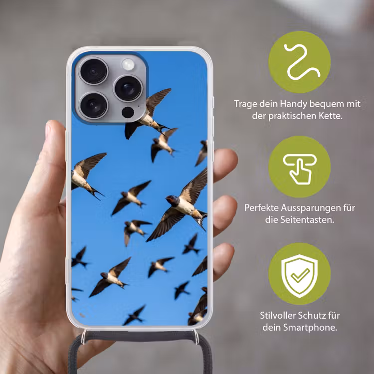 Zwaluwen - Vliegen - Blauw Hoesje iPhone 16 Pro Max met koord klein -sfeer2_DE