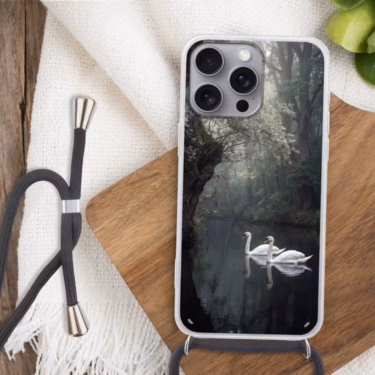 Zwanen - Rivier - Bos Hoesje iPhone 16 Pro Max met koord klein -sfeer4