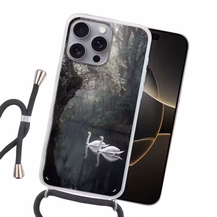 Zwanen - Rivier - Bos Hoesje iPhone 16 Pro Max met koord klein -sfeer1