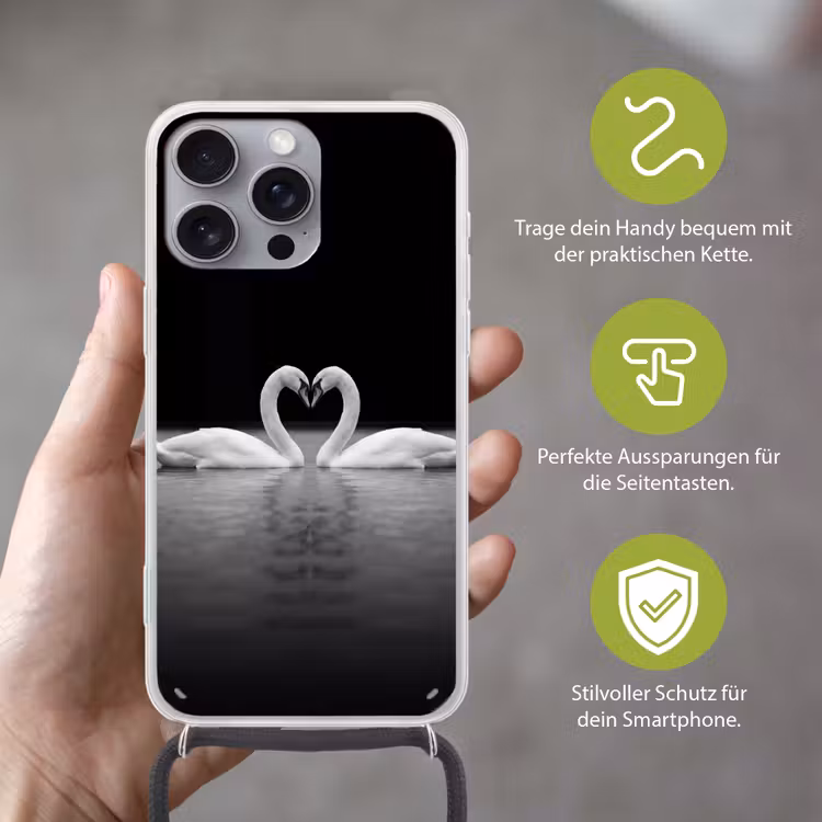 Zwanen - Hart - Zwart - Wit Hoesje iPhone 16 Pro Max met koord klein -sfeer2_DE