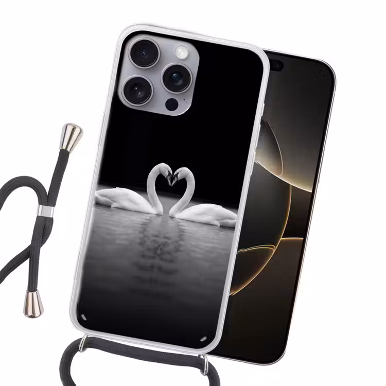 Zwanen - Hart - Zwart - Wit Hoesje iPhone 16 Pro Max met koord klein -sfeer1