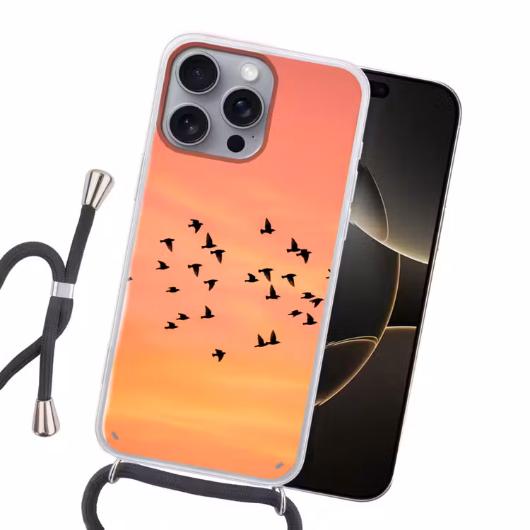 Zwerm - Vogels - Oranje Hoesje iPhone 16 Pro Max met koord klein -sfeer1