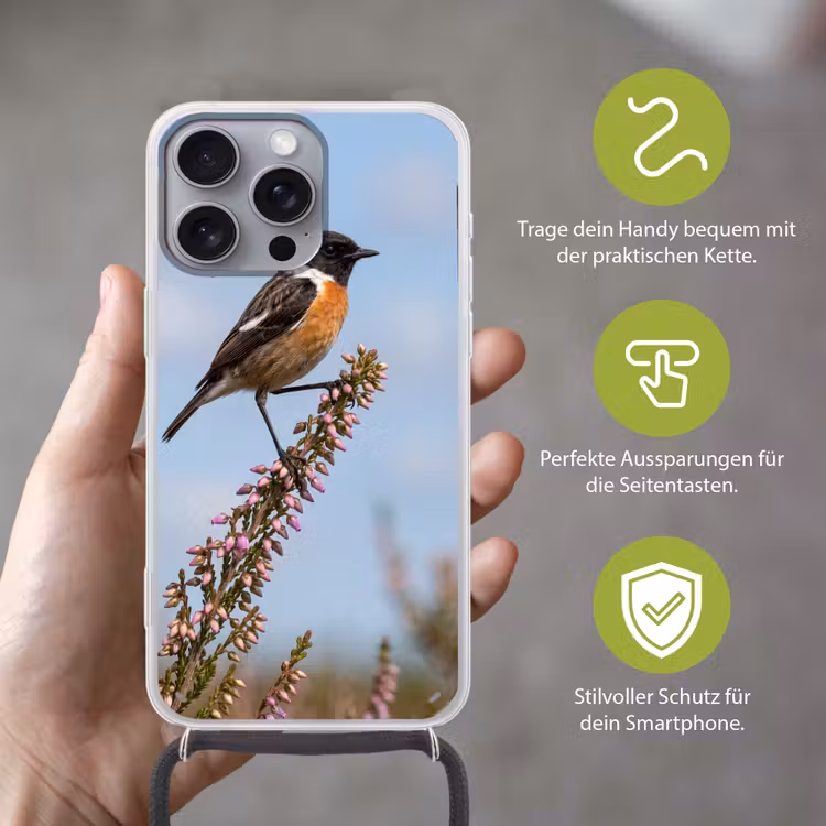 Roodborsttapuit - Heide - Paars - Natuur - Sfeervol Hoesje iPhone 16 Pro Max met koord klein -sfeer2_DE