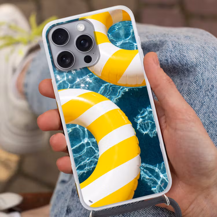 Zwembad - Zwembanden - Zomer - Geel - Blauw Hoesje iPhone 16 Pro Max met koord klein -sfeer3