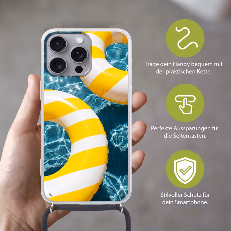 Zwembad - Zwembanden - Zomer - Geel - Blauw Hoesje iPhone 16 Pro Max met koord klein -sfeer2_DE