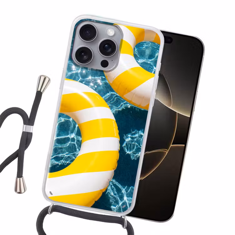Zwembad - Zwembanden - Zomer - Geel - Blauw Hoesje iPhone 16 Pro Max met koord klein -sfeer1