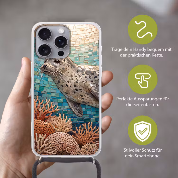 Zeehond - Mozaïek - Onderwater - Dieren - Blauw Hoesje iPhone 16 Pro Max met koord klein -sfeer2_DE