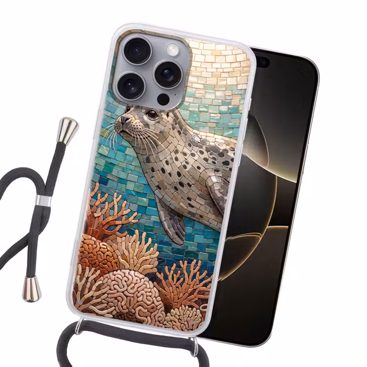 Zeehond - Mozaïek - Onderwater - Dieren - Blauw Hoesje iPhone 16 Pro Max met koord klein -sfeer1