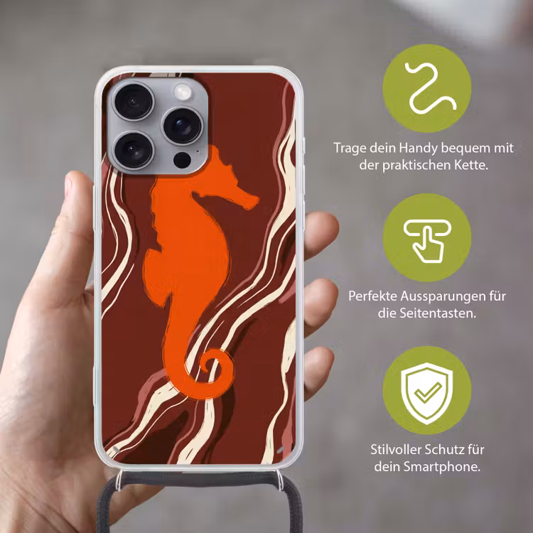 Zeepaardje - Golven - Zeeleven - Abstract - Oranje Hoesje iPhone 16 Pro Max met koord klein -sfeer2_DE
