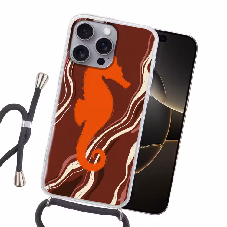 Zeepaardje - Golven - Zeeleven - Abstract - Oranje Hoesje iPhone 16 Pro Max met koord klein -sfeer1