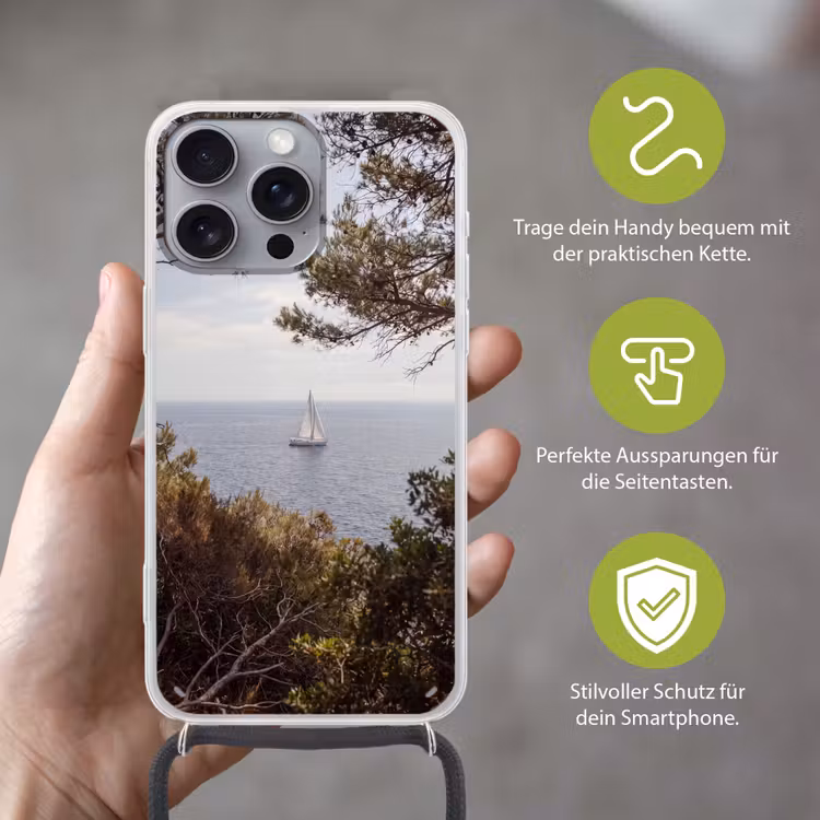 Handyhülle mit Band - Segelboot – Bäume – Wasser - Zeilboot - bomen - water Hoesje iPhone 16 Pro Max met koord klein