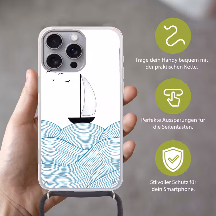 Zeilboot - Golven - Zee - Illustratie - Blauw Hoesje iPhone 16 Pro Max met koord klein -sfeer2_DE