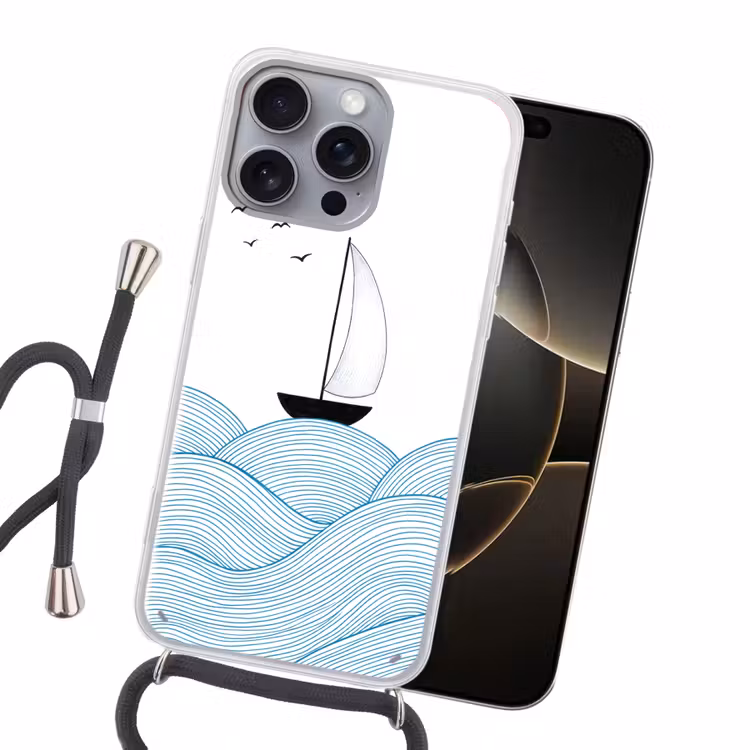 Zeilboot - Golven - Zee - Illustratie - Blauw Hoesje iPhone 16 Pro Max met koord klein -sfeer1