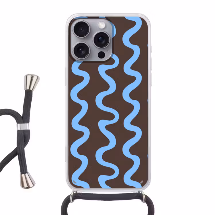 Kronkelende lijnen - Blauw - Bruin - Minimalistisch Hoesje iPhone 16 Pro Max met koord klein 804 -3d