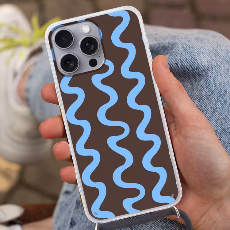 Kronkelende lijnen - Blauw - Bruin - Minimalistisch Hoesje iPhone 16 Pro Max met koord klein 804 -sfeer3