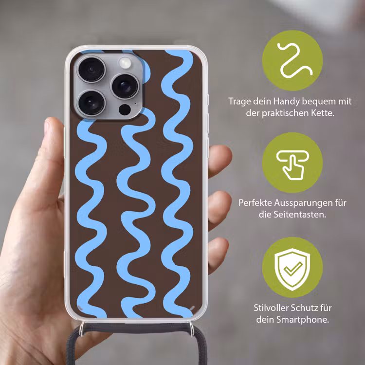 Kronkelende lijnen - Blauw - Bruin - Minimalistisch Hoesje iPhone 16 Pro Max met koord klein 804 -sfeer2_DE