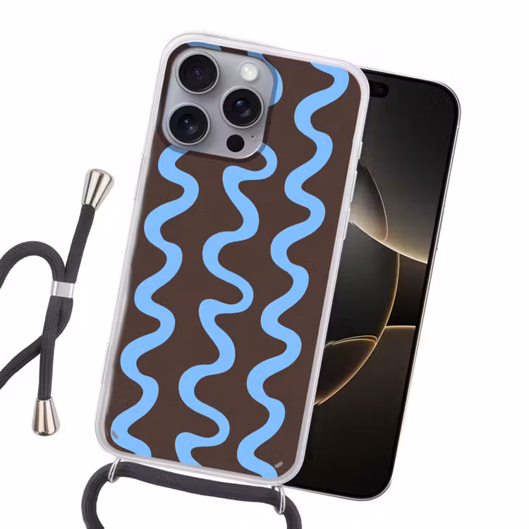 Kronkelende lijnen - Blauw - Bruin - Minimalistisch Hoesje iPhone 16 Pro Max met koord klein 804 -sfeer1