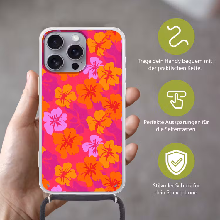 Zomers - Hibiscus - Kleurrijk Hoesje iPhone 16 Pro Max met koord klein 804 -sfeer2_DE