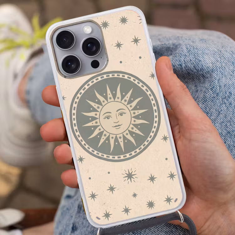 Zon - Sterren - Astrologie - Vintage - Groen Hoesje iPhone 16 Pro Max met koord klein -sfeer3