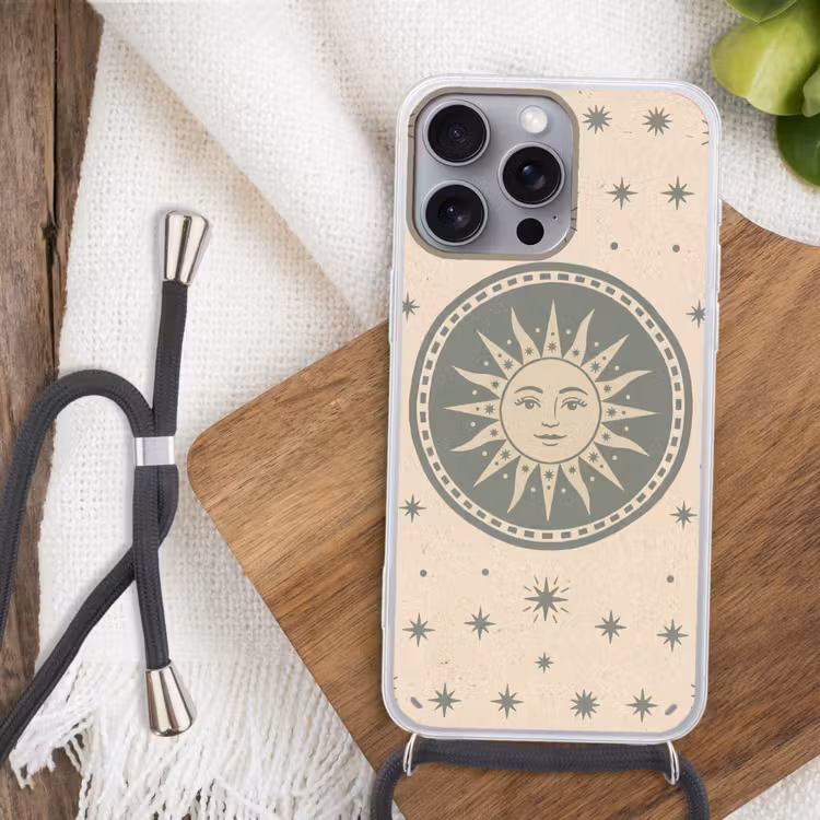 Zon - Sterren - Astrologie - Vintage - Groen Hoesje iPhone 16 Pro Max met koord klein -sfeer4