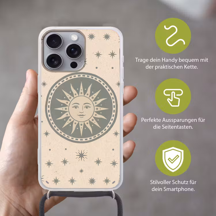 Zon - Sterren - Astrologie - Vintage - Groen Hoesje iPhone 16 Pro Max met koord klein -sfeer2_DE