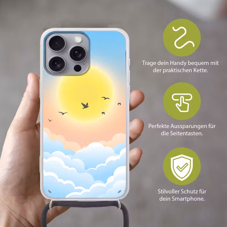 Zon - Vogels - Lucht - Natuur - Geel Hoesje iPhone 16 Pro Max met koord klein -sfeer2_DE