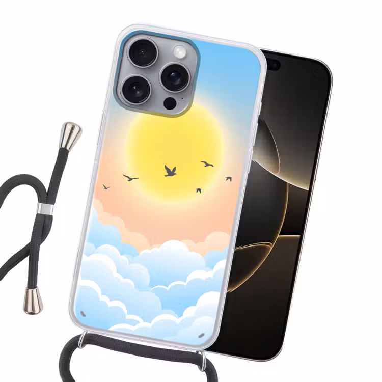 Zon - Vogels - Lucht - Natuur - Geel Hoesje iPhone 16 Pro Max met koord klein -sfeer1
