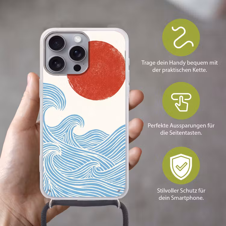 Zon - Golven - Oceaan - Abstract - Rood Hoesje iPhone 16 Pro Max met koord klein -sfeer2_DE