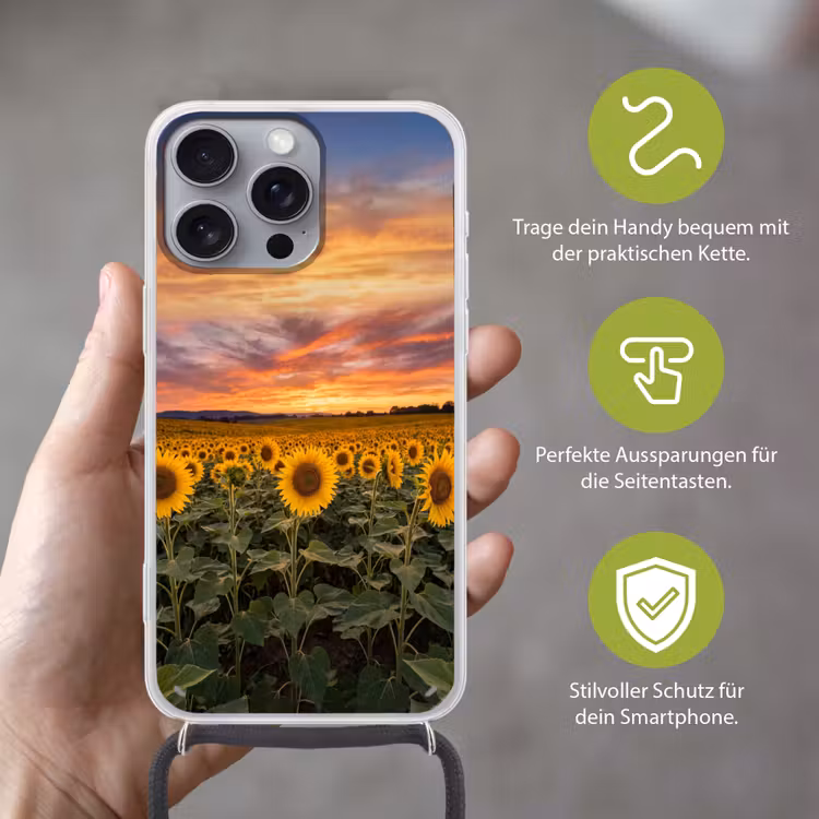 Zonnebloemen - Heuvellandschap - Geel Hoesje iPhone 16 Pro Max met koord klein -sfeer2_DE
