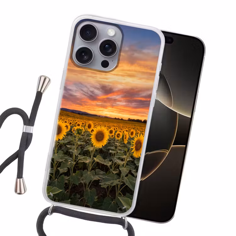 Zonnebloemen - Heuvellandschap - Geel Hoesje iPhone 16 Pro Max met koord klein -sfeer1