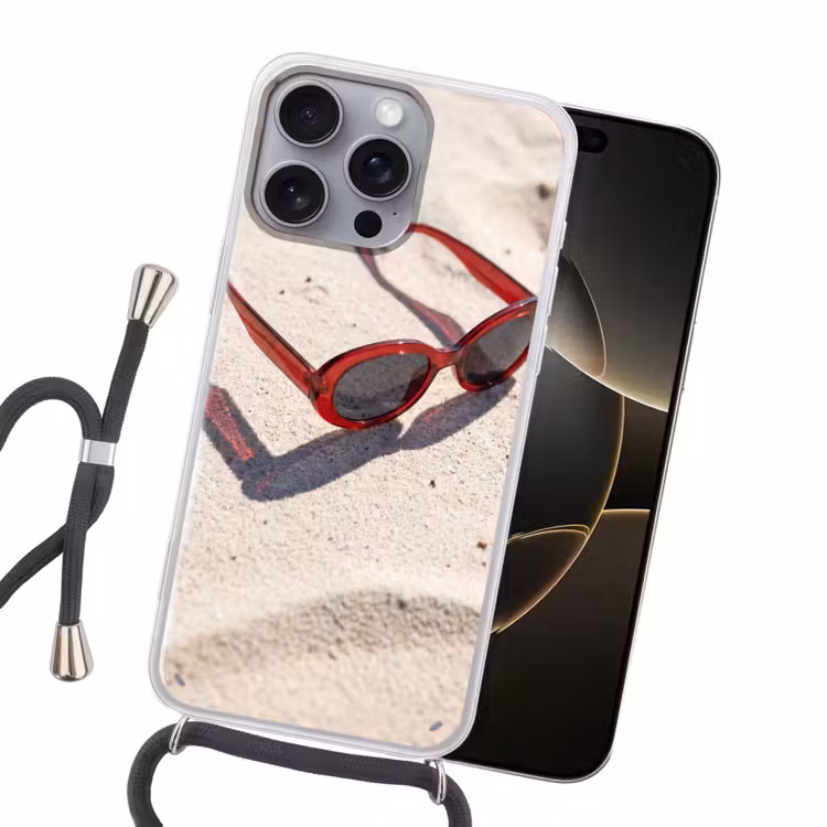 Zonnebril - Strand - Vakantie - Rood Hoesje iPhone 16 Pro Max met koord klein -sfeer1
