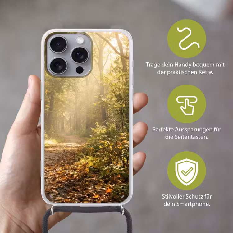 Zonlicht - Bospad - Bomen Hoesje iPhone 16 Pro Max met koord klein -sfeer2_DE