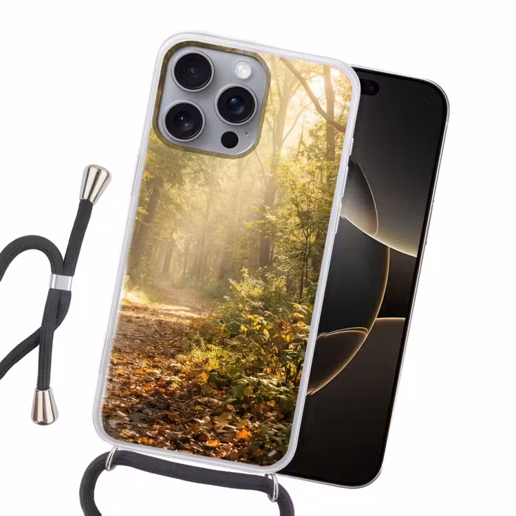 Zonlicht - Bospad - Bomen Hoesje iPhone 16 Pro Max met koord klein -sfeer1