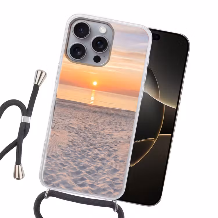 Zonsondergang - Strand - Zand Hoesje iPhone 16 Pro Max met koord klein -sfeer1