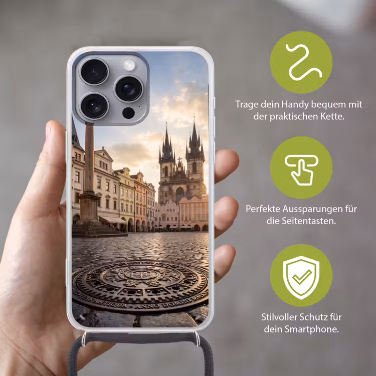 Stad - Praag - Ochtend - Architectuur - Goud Hoesje iPhone 16 Pro Max met koord klein -sfeer2_DE