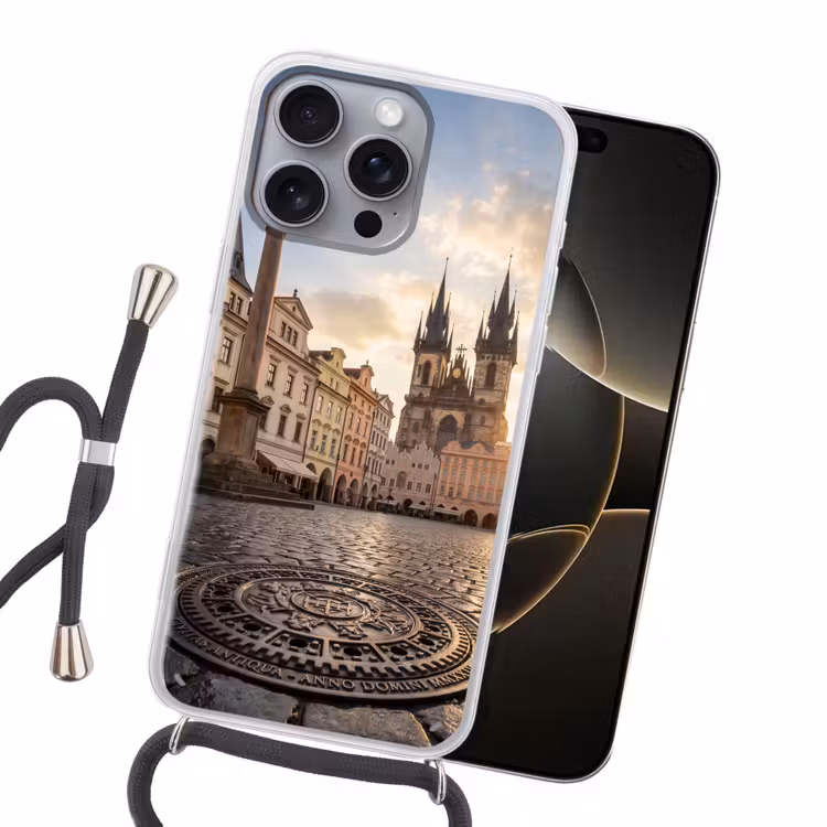 Stad - Praag - Ochtend - Architectuur - Goud Hoesje iPhone 16 Pro Max met koord klein -sfeer1